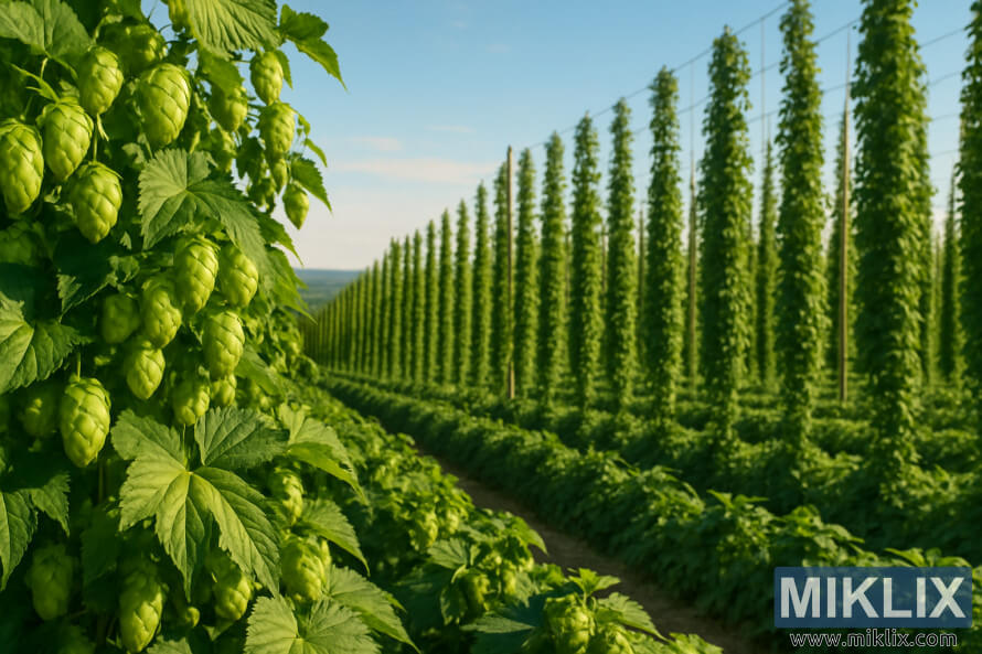 Bujna plantacja chmielu o zÅotej godzinie, z zielonymi szyszkami chmielowymi na pierwszym planie i wysokimi pnÄczami ciÄgnÄcymi siÄ w oddali.