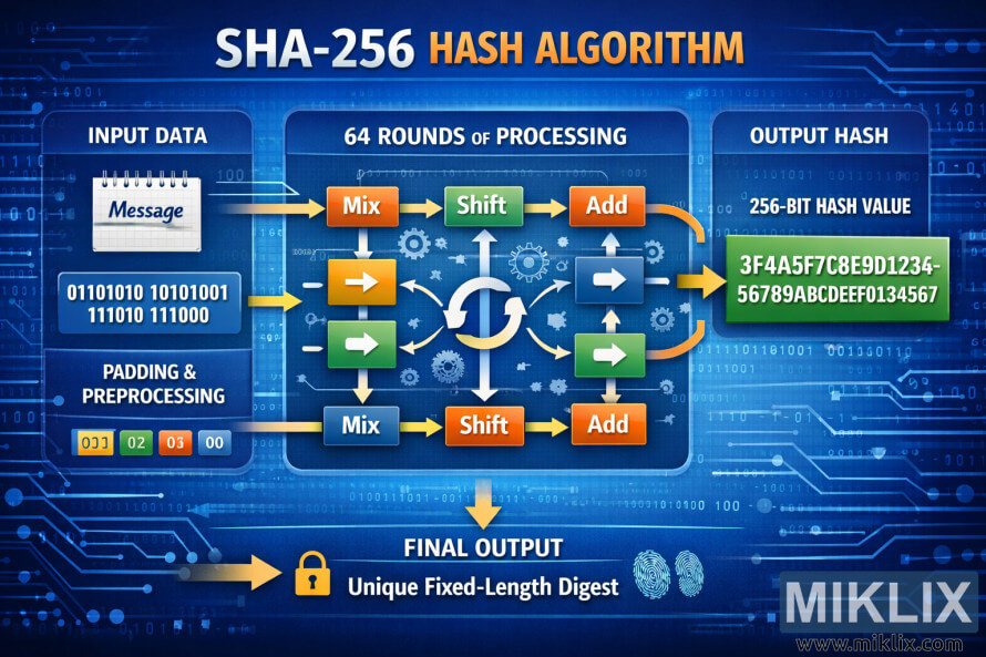 Landscape infographic showing the flow of the SHA-256 hash algorithm from input data through multiple processing rounds to a 256-bit output hash.