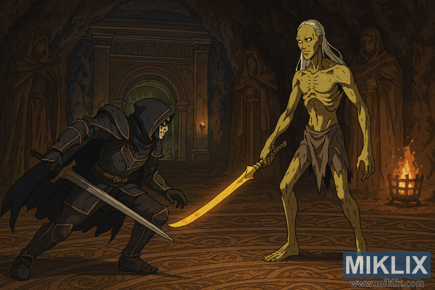 Anime-style illustration of the Tarnished in Black Knife armor fighting the Onyx Lord in Elden Ring's Sealed Tunnel Anime-style illustration of the Tarnished in Black Knife armor fighting the Onyx Lord in Elden Ring's Sealed Tunnel