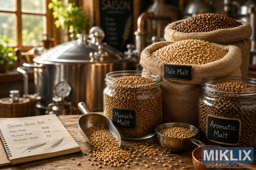 Close-up of a rustic Saison brewing grain bill featuring pale malt, Munich malt, and aromatic malt displayed in glass jars and burlap sacks on a wooden table with brewing tools and a softly blurred brewing kettle in the background. Close-up of a rustic Saison brewing grain bill featuring pale malt, Munich malt, and aromatic malt displayed in glass jars and burlap sacks on a wooden table with brewing tools and a softly blurred brewing kettle in the background.