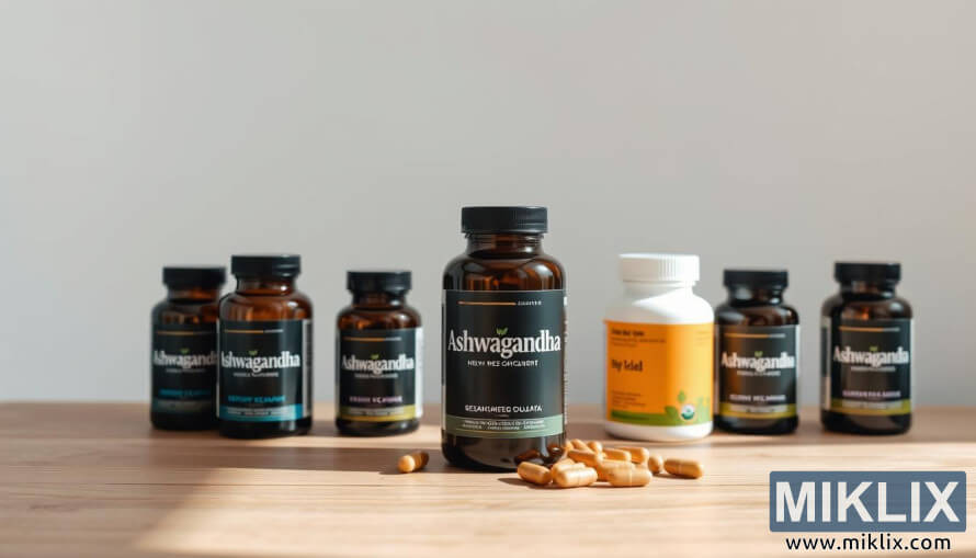 Mesa de madera con frascos y cápsulas de suplementos de Ashwagandha con iluminación suave. Mesa de madera con frascos y cápsulas de suplementos de Ashwagandha con iluminación suave.