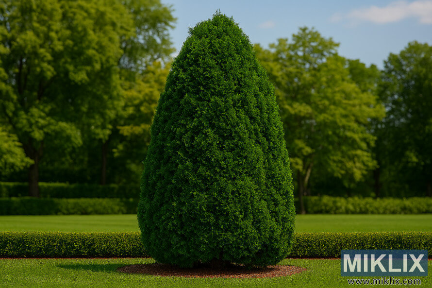 Arbre Techny mature, arborier Ã  feuillage vert foncÃ© et large forme pyramidale, dans un jardin paysager