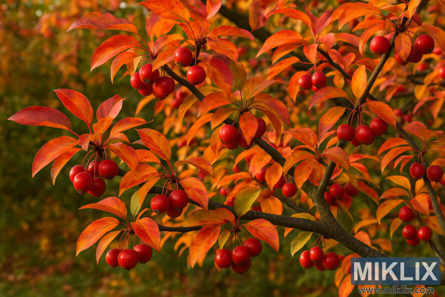 Gros plan dâun pommetier aux feuilles orange, rouges et jaunes vives ainsi que des grappes de pommiers rouges vif sous la lumiÃ¨re automnale.