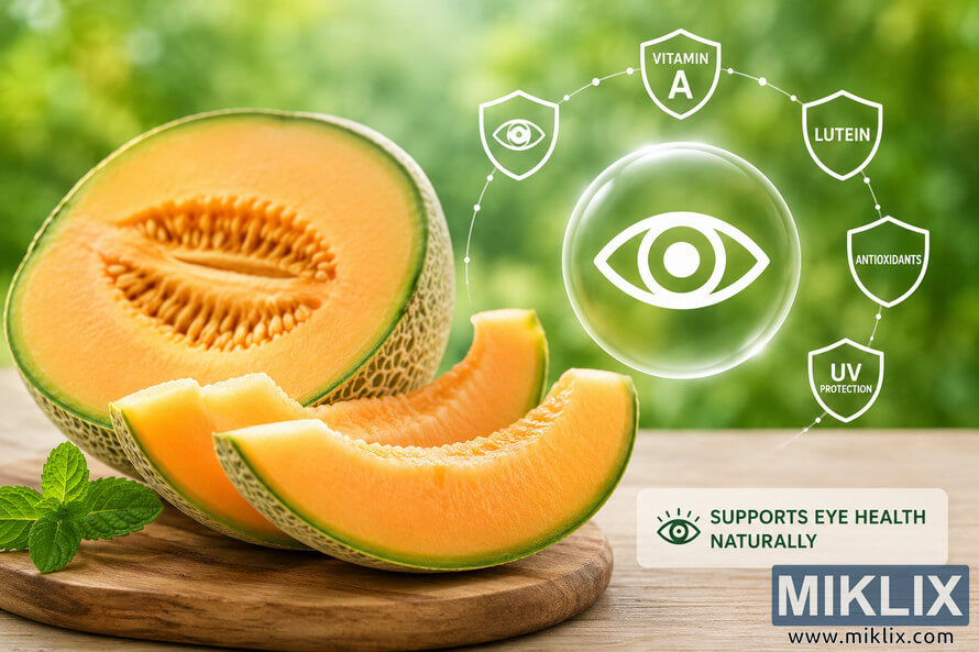 Fresh sliced cantaloupe displayed on a wooden board with eye health icons representing Vitamin A, lutein, antioxidants, and UV protection against a soft green natural background. Fresh sliced cantaloupe displayed on a wooden board with eye health icons representing Vitamin A, lutein, antioxidants, and UV protection against a soft green natural background.