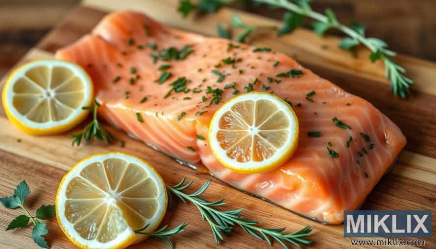 Tuore raaka lohifilee yrteillÃ¤ ja sitruunaviipaleilla puisella leikkuulaudalla.