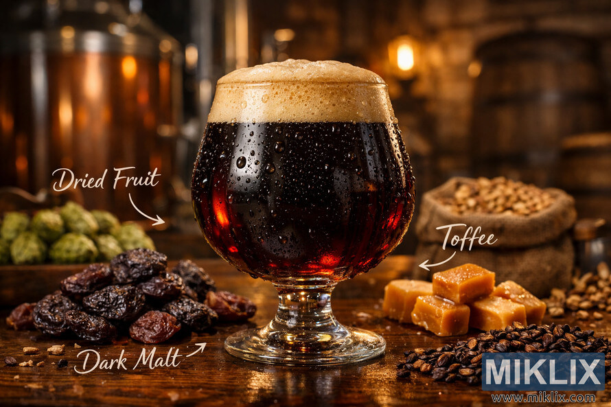 Close-up of a dark amber Old Ale in a snifter glass with a caramel-colored frothy head, condensation droplets, and tasting notes of dried fruit, toffee, and dark malt arranged in a warm, rustic brewery environment.