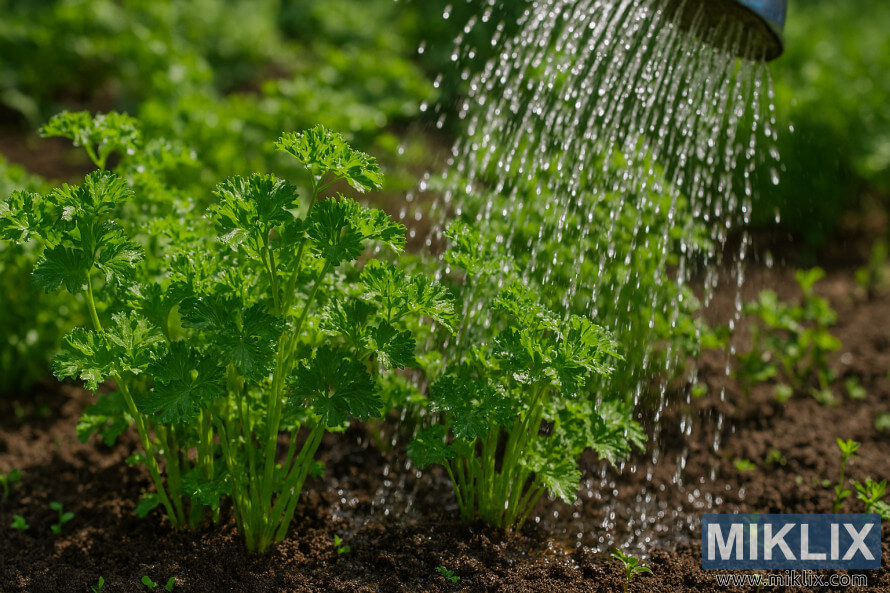 Gros plan sur des plants de persil Ã©clatants arrosÃ©s dans un jardin