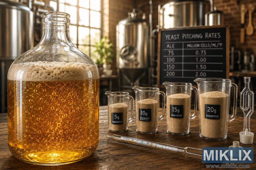 A warm, professional brewery scene featuring a glass fermentation vessel filled with actively fermenting golden beer in the foreground, surrounded by yeast pitchers of different measured amounts, a hydrometer, and an airlock, with stainless brewing equipment softly blurred in the background.