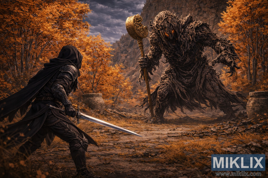 Anime-stiilis Elden Ringi fÃ¤nnikunst, kus vasakul on Tarnished mÃµÃµgaga vastamisi palju suurema Erdtree avatariga Liurnias sÃ¼gisestes varemetes.