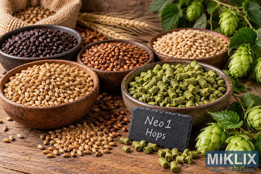 Rustic still life of bowls filled with pale, amber and dark roasted brewing grains and malts beside green Neo1 hop pellets, fresh hop cones and leafy hop vines on a wooden table.
