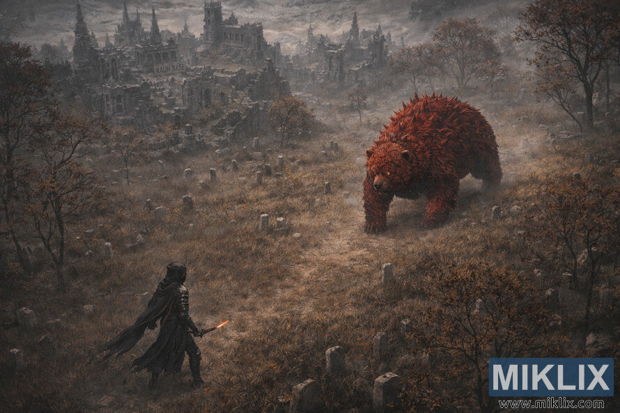 Isometric anime scene of the Tarnished in Black Knife armor facing Rugalea the Great Red Bear in a foggy graveyard among ruined towers at Rauh Base.