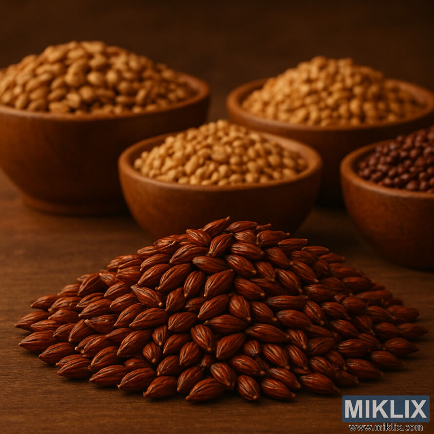 NaturÄ staticÄ cu boabe de malÈ melanoidin cu boluri de malÈuri MÃ¼nchen, Viena Èi caramel pe lemn.