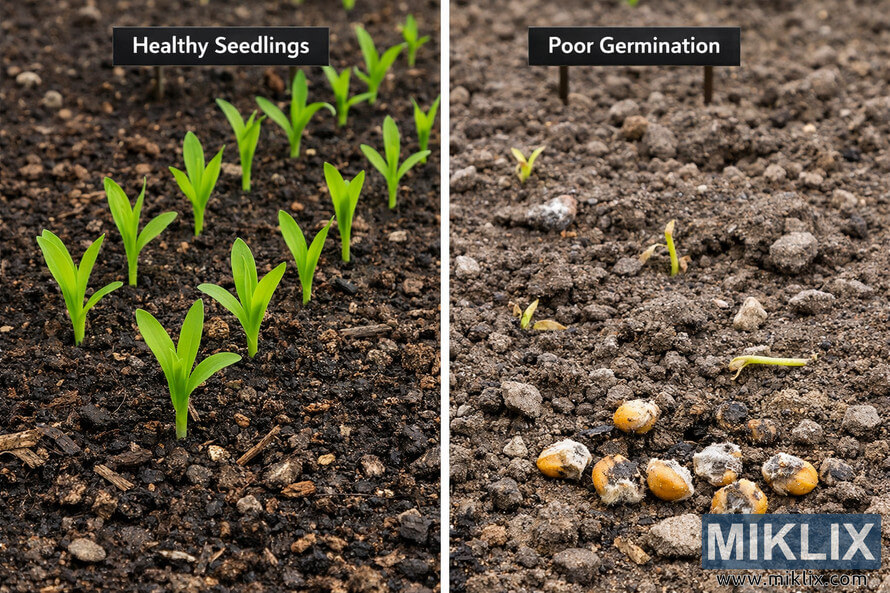 Side-by-side comparison of healthy green corn seedlings emerging from moist garden soil versus poorly germinated corn seeds and weak sprouts in dry, clumpy soil.