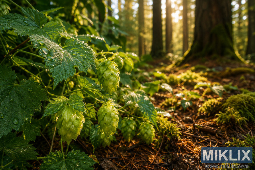 Macro-style landscape image of vibrant green hops plants growing across a lush forest floor, their cone-shaped flowers covered in morning dew and illuminated by warm golden sunlight filtering through tall moss-covered trees. Macro-style landscape image of vibrant green hops plants growing across a lush forest floor, their cone-shaped flowers covered in morning dew and illuminated by warm golden sunlight filtering through tall moss-covered trees.