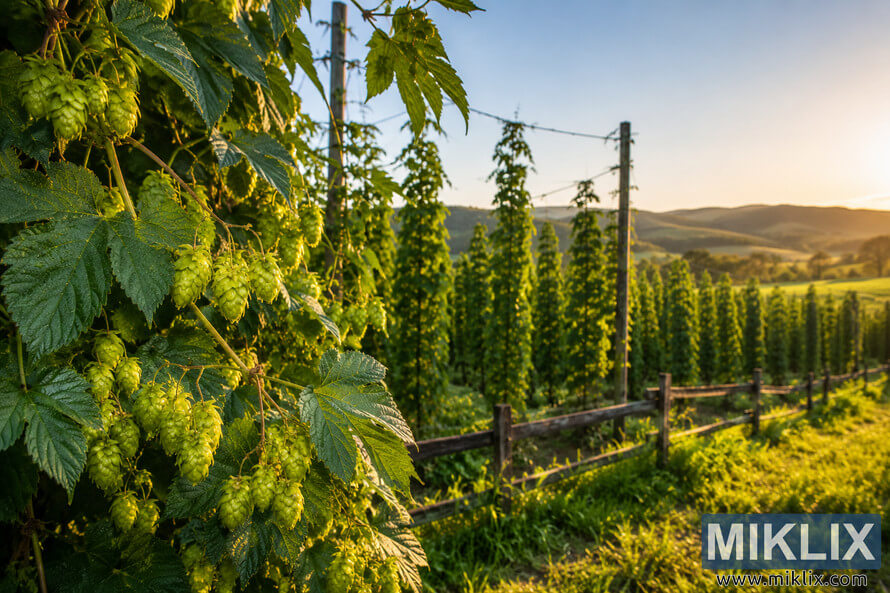 Lush green hop vines with hanging hop cones grow on trellises beside a rustic fence, with rolling hills and golden sunset light in the background.