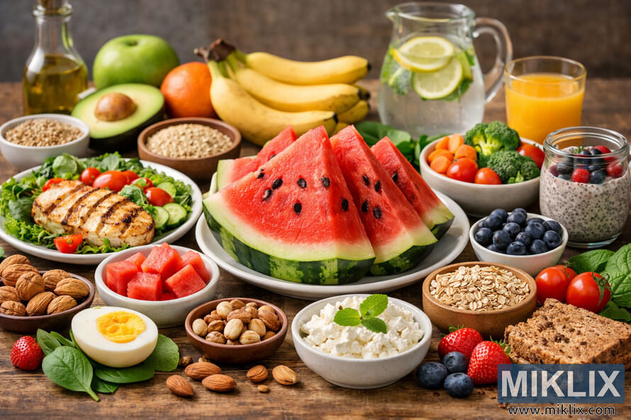 A vibrant landscape photo showing a balanced diet with watermelon slices surrounded by various healthy foods including fruits, vegetables, grains, nuts, and lean proteins on a rustic wooden table. A vibrant landscape photo showing a balanced diet with watermelon slices surrounded by various healthy foods including fruits, vegetables, grains, nuts, and lean proteins on a rustic wooden table.