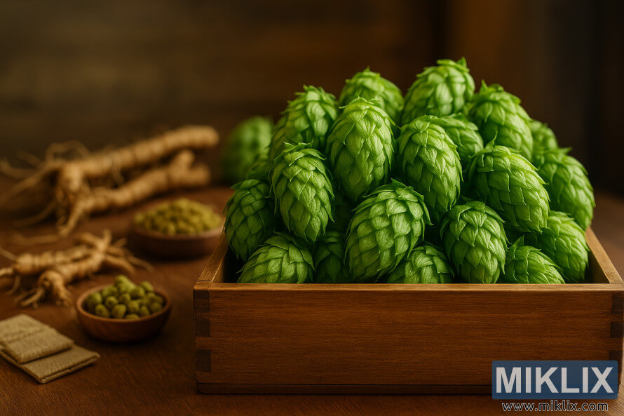 Uma caixa de madeira cheia de cones de lÃºpulo frescos do Super Pride, cercada por pellets de lÃºpulo, rizomas e ingredientes cervejeiros com luz natural quente.