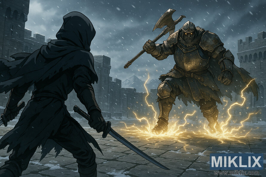 Cena ao estilo anime de um guerreiro com armadura Black Knife a enfrentar o Comandante Niall no pÃ¡tio nevado do Castelo Sol.