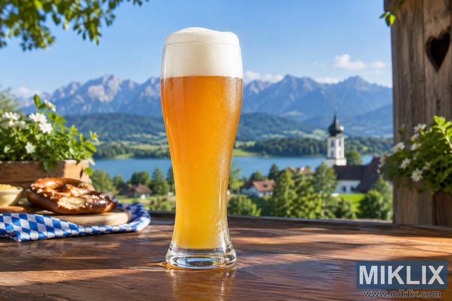 Traditional unbranded weizen glass filled with cloudy golden hefeweizen and topped with a thick white foam head on a rustic wooden table, with a pretzel, Bavarian-style blue-and-white cloth, lake, village church, green countryside, and Alpine mountains in the background. Traditional unbranded weizen glass filled with cloudy golden hefeweizen and topped with a thick white foam head on a rustic wooden table, with a pretzel, Bavarian-style blue-and-white cloth, lake, village church, green countryside, and Alpine mountains in the background.