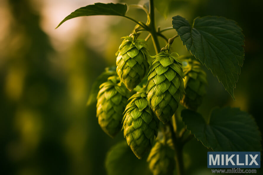Close-up ng Southern Passion hop cones at mga dahon na kumikinang sa mainit na ginintuang liwanag na may blur na background.