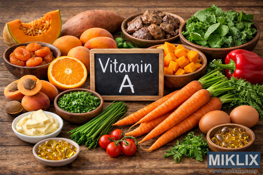 A landscape photograph showing vitamin A-rich foods such as carrots, chives, apricots, pumpkin, and leafy greens arranged around a chalkboard sign labeled 'Vitamin A' on a rustic wooden table. A landscape photograph showing vitamin A-rich foods such as carrots, chives, apricots, pumpkin, and leafy greens arranged around a chalkboard sign labeled 'Vitamin A' on a rustic wooden table.