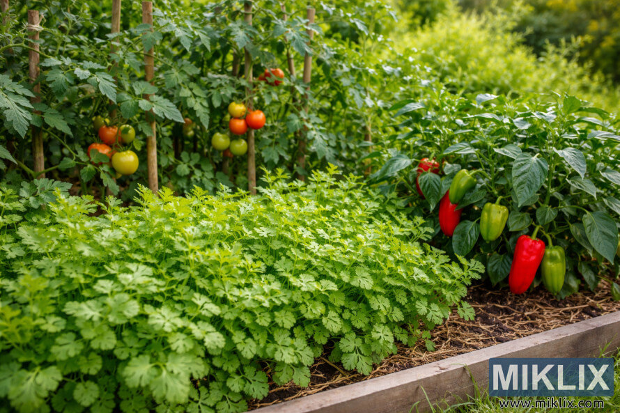 Plate-bande surÃ©levÃ©e avec de la coriandre luxuriante au premier plan et des plants de tomates et de poivrons portant des fruits mÃ»rs en plein jour.