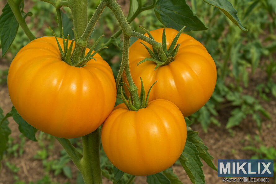 Ba quáº£ cÃ  chua Kellogg's Breakfast chÃ­n má»ng mÃ u cam Äang má»c trÃªn dÃ¢y leo trong vÆ°á»n.