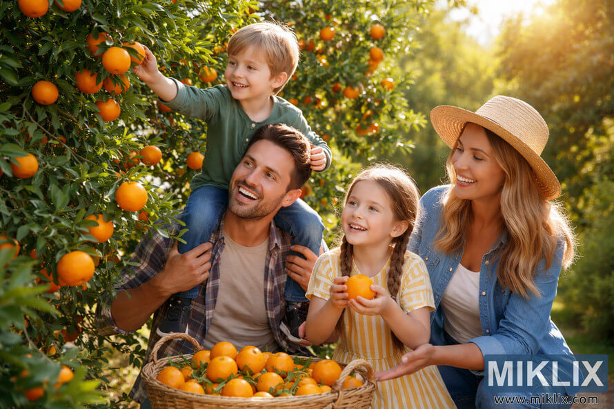 Happy family picking ripe tangerines together in a sunny garden, with parents and children smiling beside a tree full of fruit and a basket of freshly harvested tangerines.