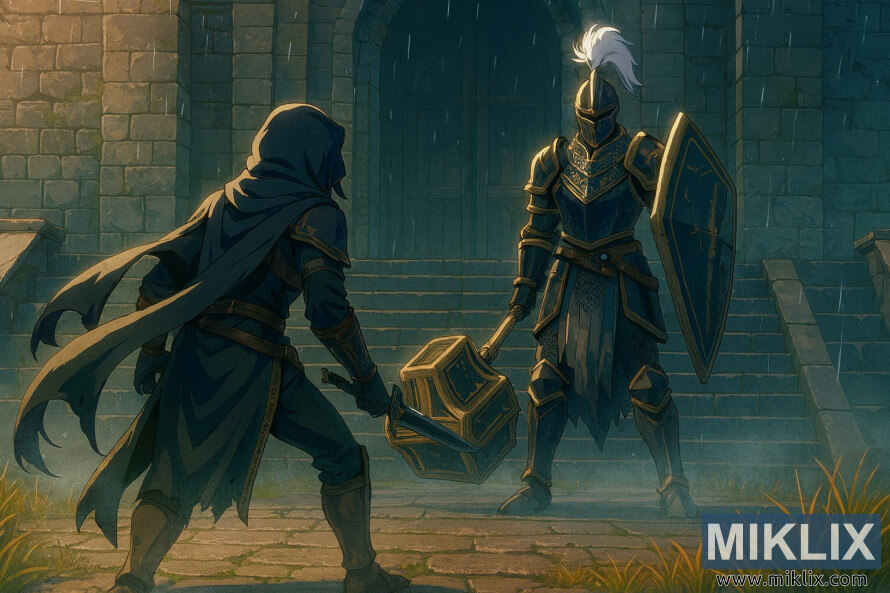 Anime-style image of the Tarnished in Black Knife armor facing Black Knight Garrew in Fog Rift Fort