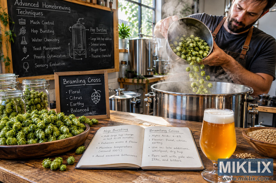 Homebrewer pours Bramling Cross hop cones into a steaming stainless-steel brew kettle during a hop-bursting session, surrounded by brewing notes, hops, grain, equipment, and a glass of golden beer. Homebrewer pours Bramling Cross hop cones into a steaming stainless-steel brew kettle during a hop-bursting session, surrounded by brewing notes, hops, grain, equipment, and a glass of golden beer.