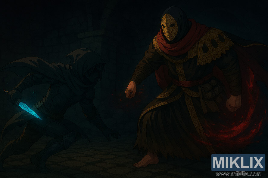 Anime stila fanu mÄksla ar aptraipÄ«tu kaujas masku, kurÄ attÄlots Sanguine Noble Elden Ring pazemÄ Anime stila fanu mÄksla ar aptraipÄ«tu kaujas masku, kurÄ attÄlots Sanguine Noble Elden Ring pazemÄ