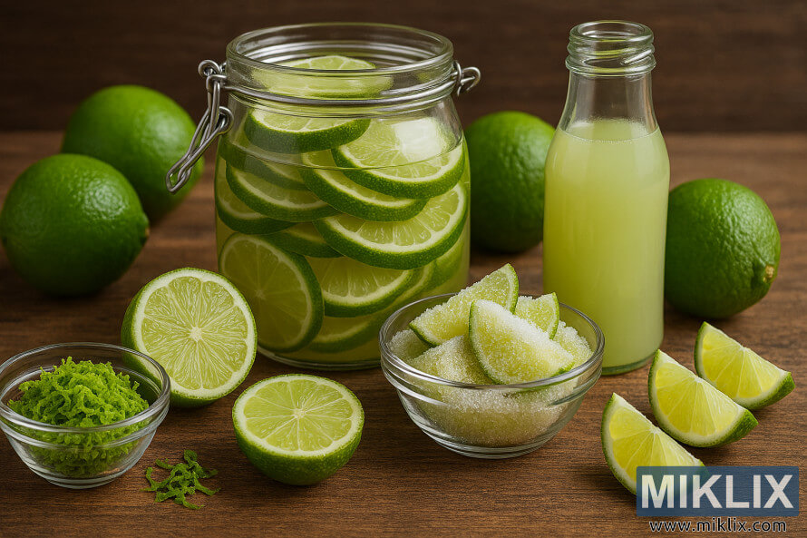 Various lime preservation methods including drying, pickling, and freezing displayed on a wooden table
