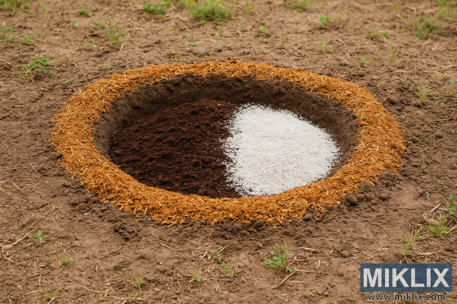 Pripremljena kruÅ¾na jama zemljiÅ¡ta sa organskim malÄem i izmenama zemljiÅ¡ta spremna za sadnju stabla manga.