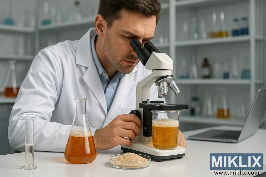 TÃ¦knimaÃ°ur Ã­ rannsÃ³knarstofuslopp skoÃ°ar gersÃ½ni undir smÃ¡sjÃ¡ Ã¡ vinnuborÃ°i brugghÃºss.