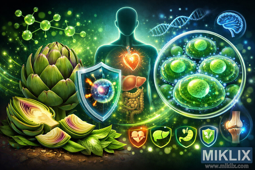 Digital illustration showing artichoke antioxidants protecting human cells, with glowing organs, molecular structures, and healthy cells symbolizing cellular defense and health benefits. Digital illustration showing artichoke antioxidants protecting human cells, with glowing organs, molecular structures, and healthy cells symbolizing cellular defense and health benefits.