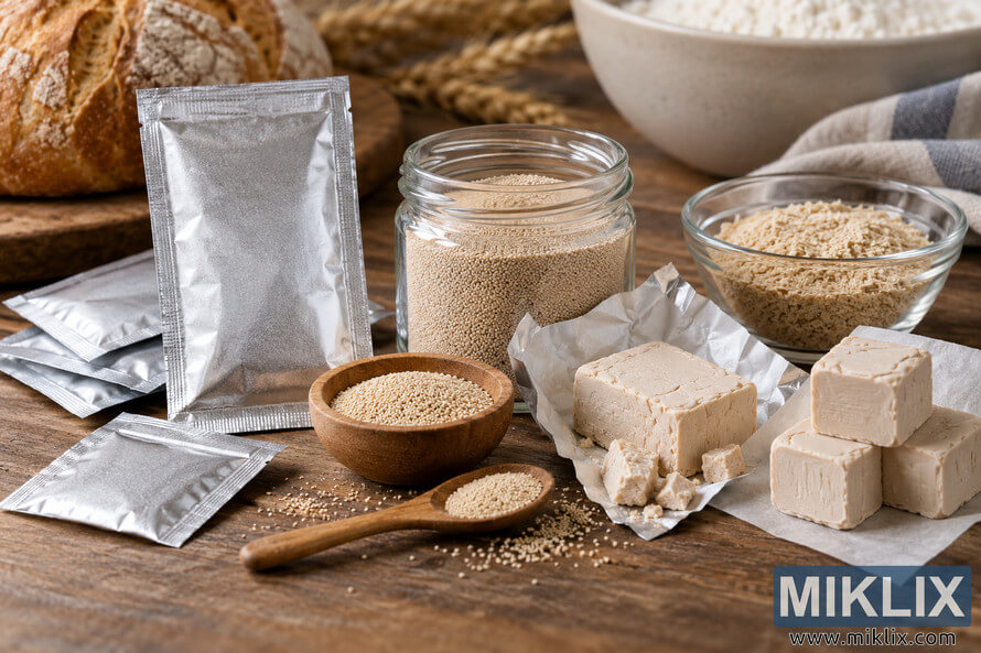 Assorted unbranded silver yeast packets, beige granules, glass jars and bowls, and pale yeast-like blocks arranged on a rustic wooden table. Assorted unbranded silver yeast packets, beige granules, glass jars and bowls, and pale yeast-like blocks arranged on a rustic wooden table.