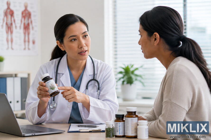 A doctor in a modern medical office discusses the safe use of generic herbal supplements with a patient while holding an unbranded supplement bottle during a professional healthcare consultation. A doctor in a modern medical office discusses the safe use of generic herbal supplements with a patient while holding an unbranded supplement bottle during a professional healthcare consultation.