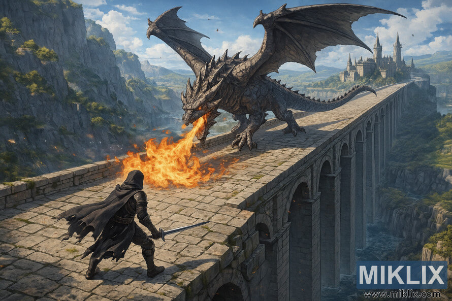 RealistiÄna izometrijska digitalna slika potamnjelog LeteÄeg Zmaja Greyla na Velikom mostu Farum iz Elden Ringa.