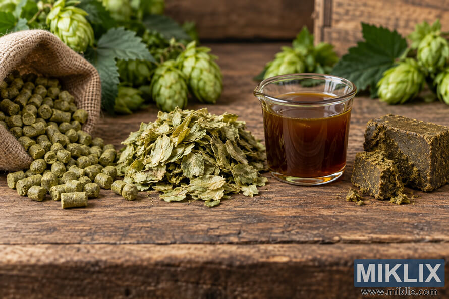 Landscape still life of four unbranded hop product forms on a rustic wooden table: green hop pellets spilling from a burlap sack, dried hop leaves, amber liquid extract in a clear glass vessel, and dense greenish-brown concentrate blocks, with fresh hop cones and foliage softly blurred in the background. Landscape still life of four unbranded hop product forms on a rustic wooden table: green hop pellets spilling from a burlap sack, dried hop leaves, amber liquid extract in a clear glass vessel, and dense greenish-brown concentrate blocks, with fresh hop cones and foliage softly blurred in the background.