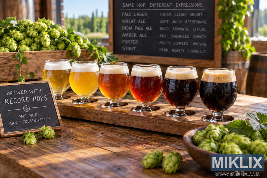 Rustic wooden tasting flight with six unbranded beers ranging from pale gold to dark stout, surrounded by fresh green Record hops and brewery chalkboards. Rustic wooden tasting flight with six unbranded beers ranging from pale gold to dark stout, surrounded by fresh green Record hops and brewery chalkboards.