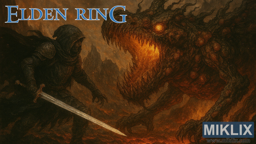 Dark fantasy fan art of Tarnished in Black Knife armor battling the Ulcerated Tree Spirit in Elden Ring's Mount Gelmir