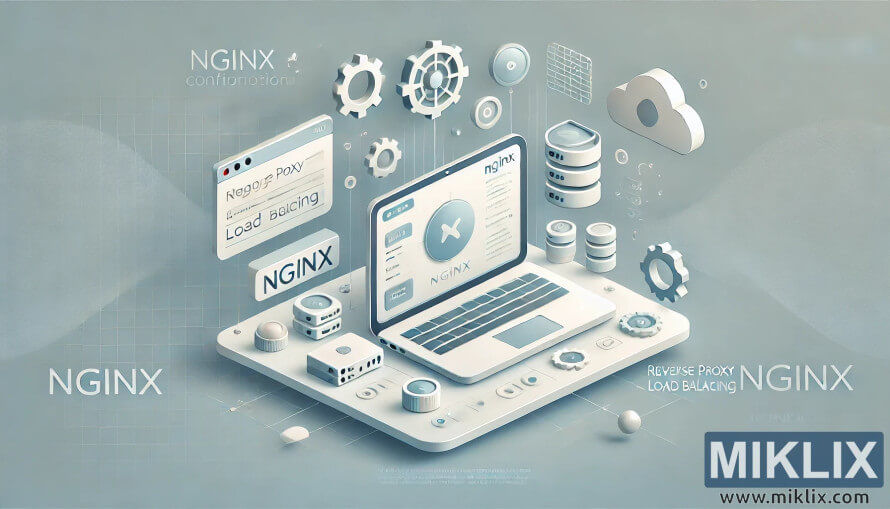 Laptop with NGINX configuration, gears, clouds, and database icons symbolizing server management. Laptop with NGINX configuration, gears, clouds, and database icons symbolizing server management.