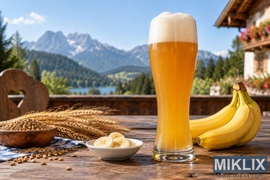 Unbranded glass of hazy golden German-style hefeweizen with a thick white foam head, displayed beside ripe bananas, banana slices, wheat stalks and grain on a rustic wooden Alpine terrace overlooking a lake and mountains. Unbranded glass of hazy golden German-style hefeweizen with a thick white foam head, displayed beside ripe bananas, banana slices, wheat stalks and grain on a rustic wooden Alpine terrace overlooking a lake and mountains.