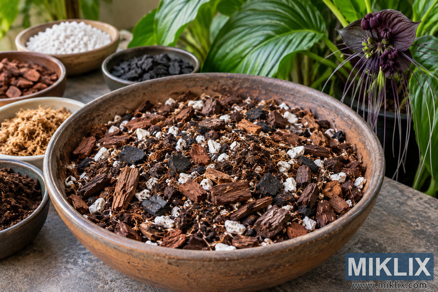 Large ceramic bowl of coarse potting mix with bark, white granules, black chunks and fibrous material, surrounded by tropical foliage and a dark purple flower. Large ceramic bowl of coarse potting mix with bark, white granules, black chunks and fibrous material, surrounded by tropical foliage and a dark purple flower.