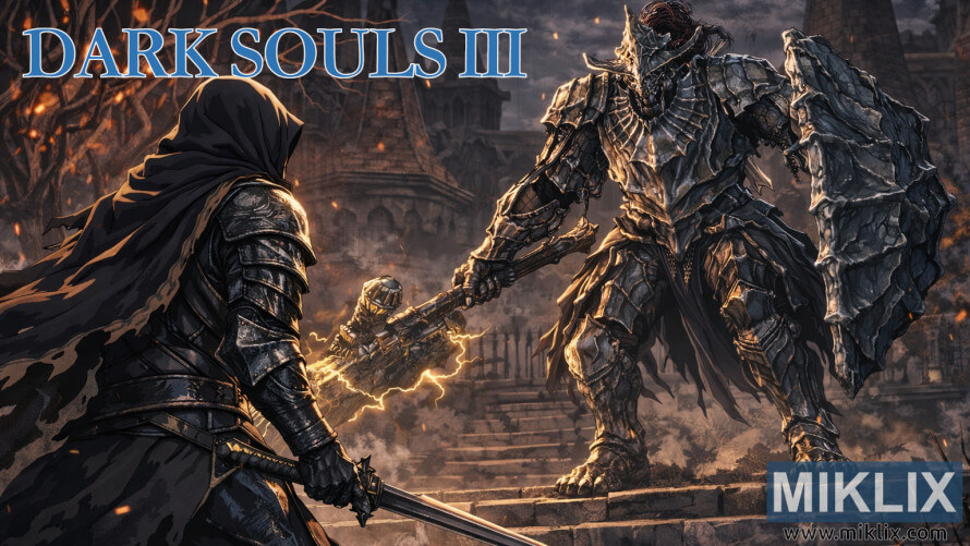 Ashen One in Shadow Armor battling the towering Dragonslayer Armour in Dark Souls III fan art. Ashen One in Shadow Armor battling the towering Dragonslayer Armour in Dark Souls III fan art.