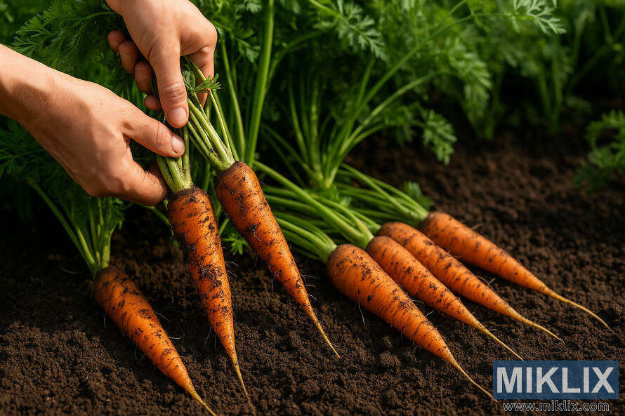 Manos sacando zanahorias maduras de la tierra oscura del jardÃ­n con follaje verde en el fondo.