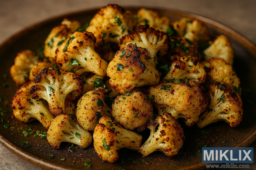 Furen farin kabeji da aka gasa da zinariya da ganye da kayan Æanshi a kan farantin yumbu na Æauye