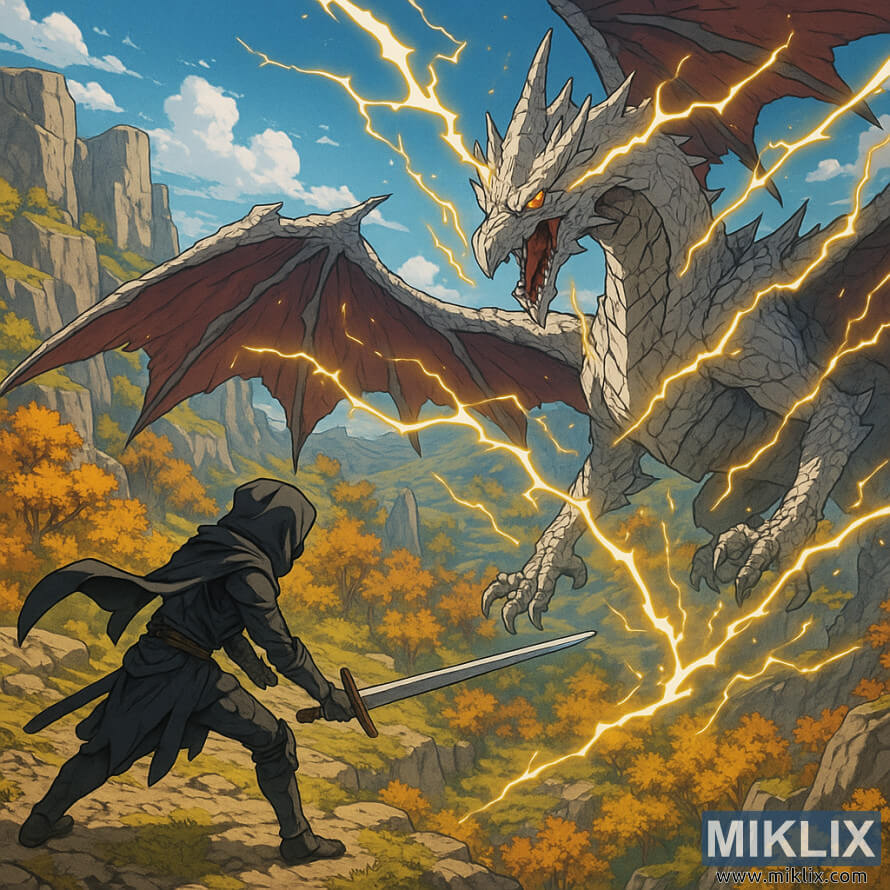 Vue isomÃ©trique de style anime du Sans-Ã©clat en armure de couteau noir face Ã  lâAncien Dragon Lansseax sur le plateau dâAltus.