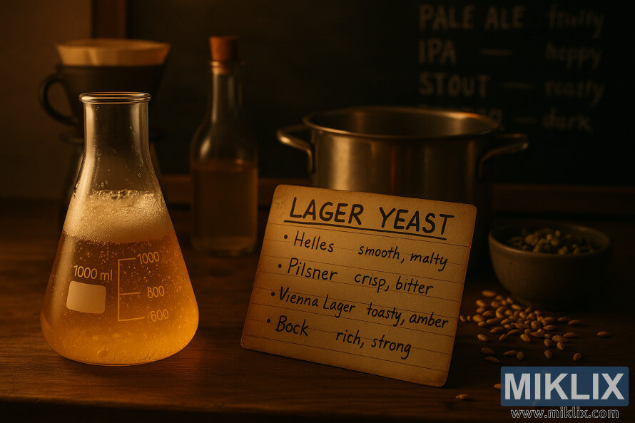 Meja pawon sing surem karo beaker cairan emas, kertu resep ragi lager tulisan tangan, lan papan tulis sing nyathet gaya bir ing latar mburi. Meja pawon sing surem karo beaker cairan emas, kertu resep ragi lager tulisan tangan, lan papan tulis sing nyathet gaya bir ing latar mburi.