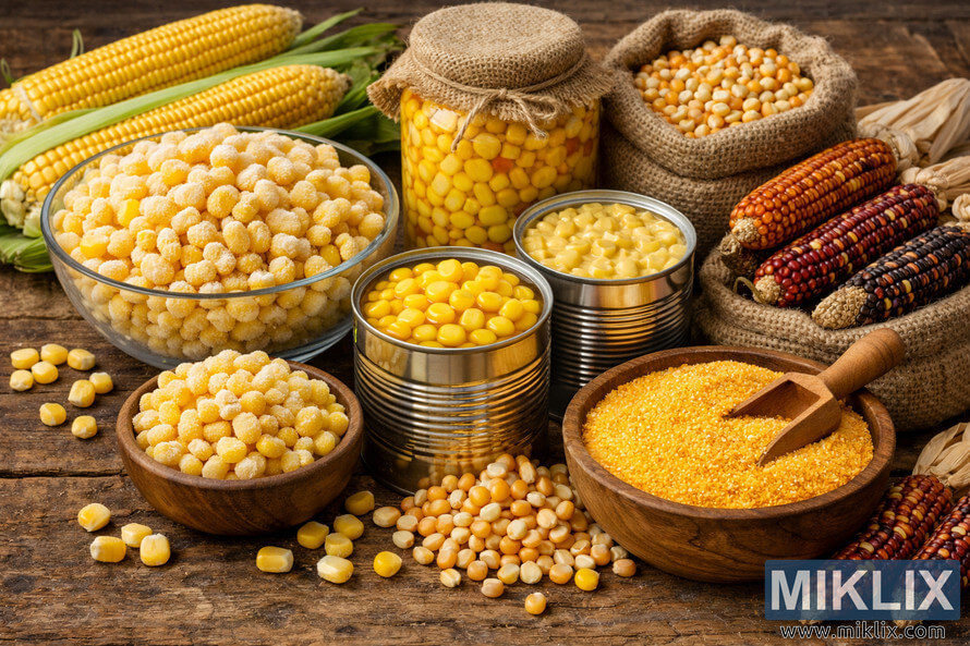 Frozen, canned, and dried corn products arranged together on a rustic wooden table.